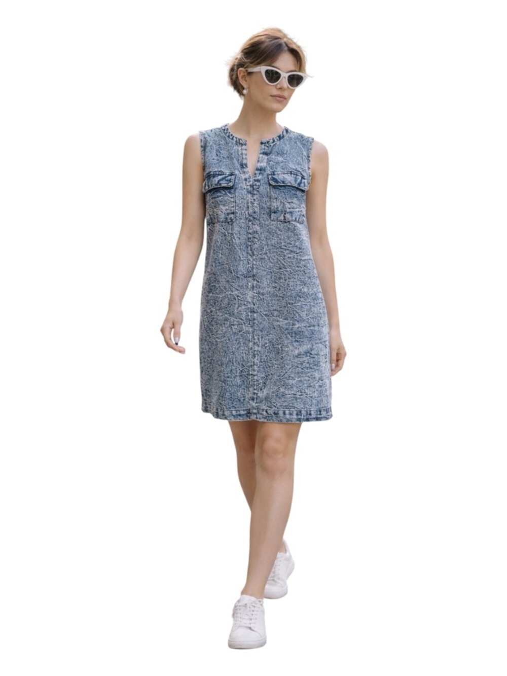 Y2K Denim Sleeveless Shift Dress Acid Wash Women’s Small Minimalist Coastal Chic